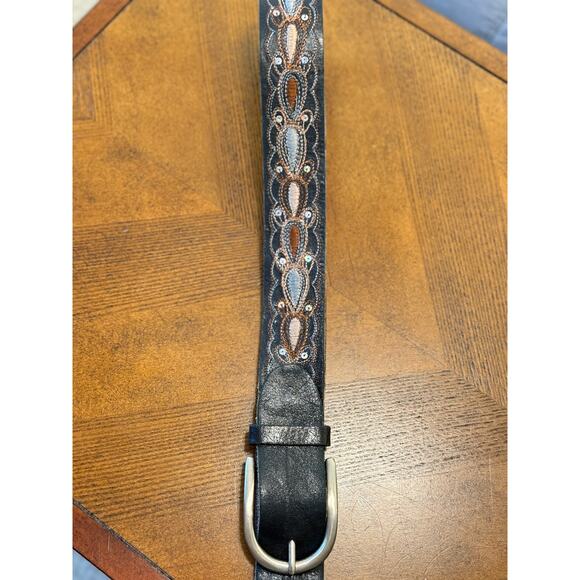Genuine Leather Black Embroidered Western Belt Small Boho Cowgirl Sequins - Picture 7 of 8